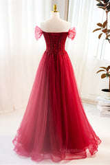 Black Wedding Dress, Red Off-Shoulder Beaded A-line Tulle Long Prom Dress