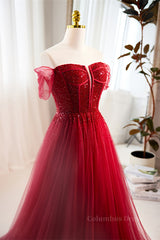 Blue Prom Dress, Red Off-Shoulder Beaded A-line Tulle Long Prom Dress