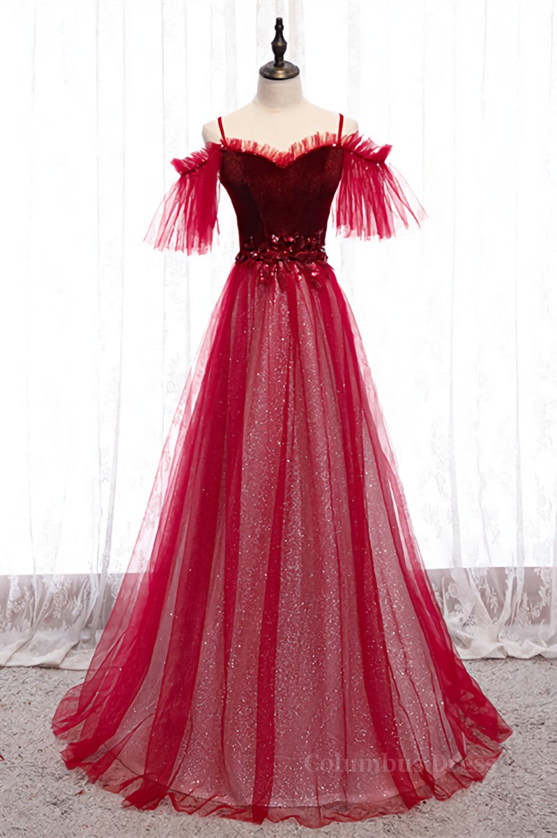 Homecomming Dresses Red, Red Off-the-Shoulder Straps Beaded Appliques Maxi Formal Dress
