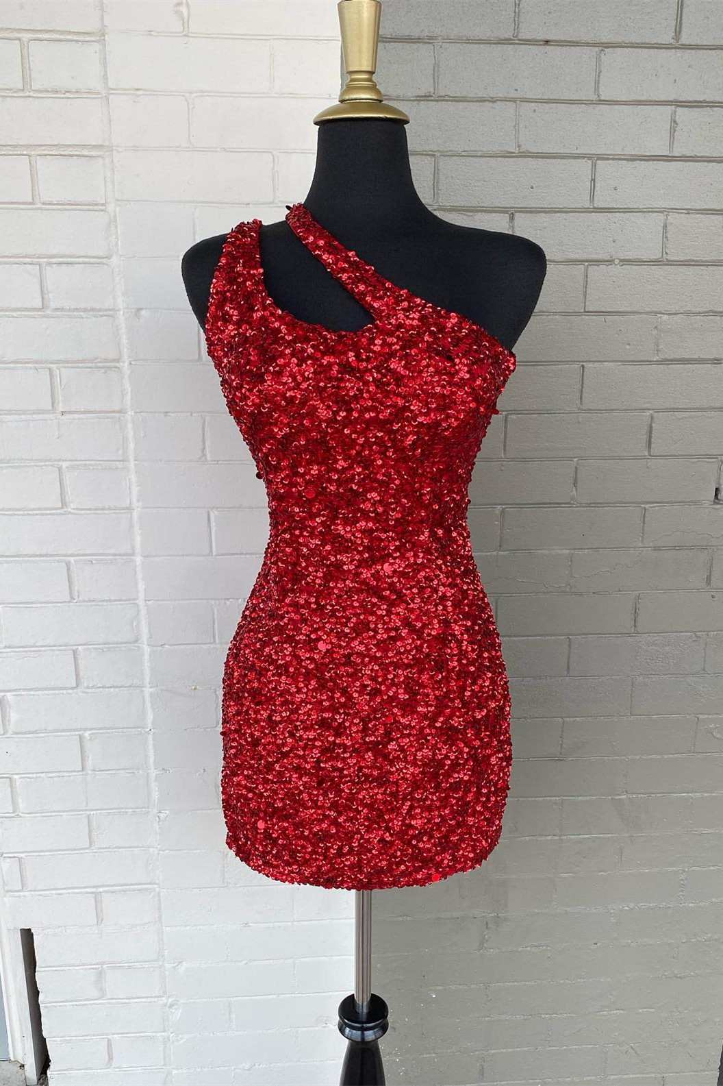 Homecoming Dresses Under 62, Red One Shoulder Cutout Short Homecoming Gown Sequined Cocktail Dress