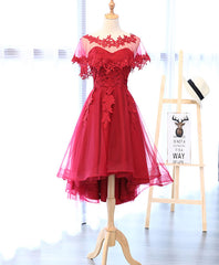 Champagne Prom Dress, Red Round Neck Lace Tulle Short Prom Dress