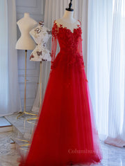 Prom Dresses Near Me, Red round neck tulle lace long prom dress, red evening dress