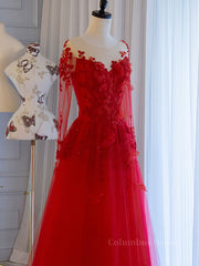Prom Dress Near Me, Red round neck tulle lace long prom dress, red evening dress