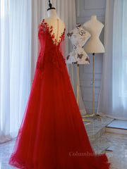 Prom Dress Boutiques Near Me, Red round neck tulle lace long prom dress, red evening dress