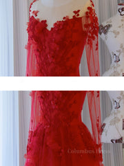Prom Dress 2024, Red round neck tulle lace long prom dress, red evening dress