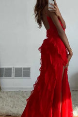 Long Black Dress, Red Ruffles Long Formal Dress Elegant Evening Dresses Mermaid