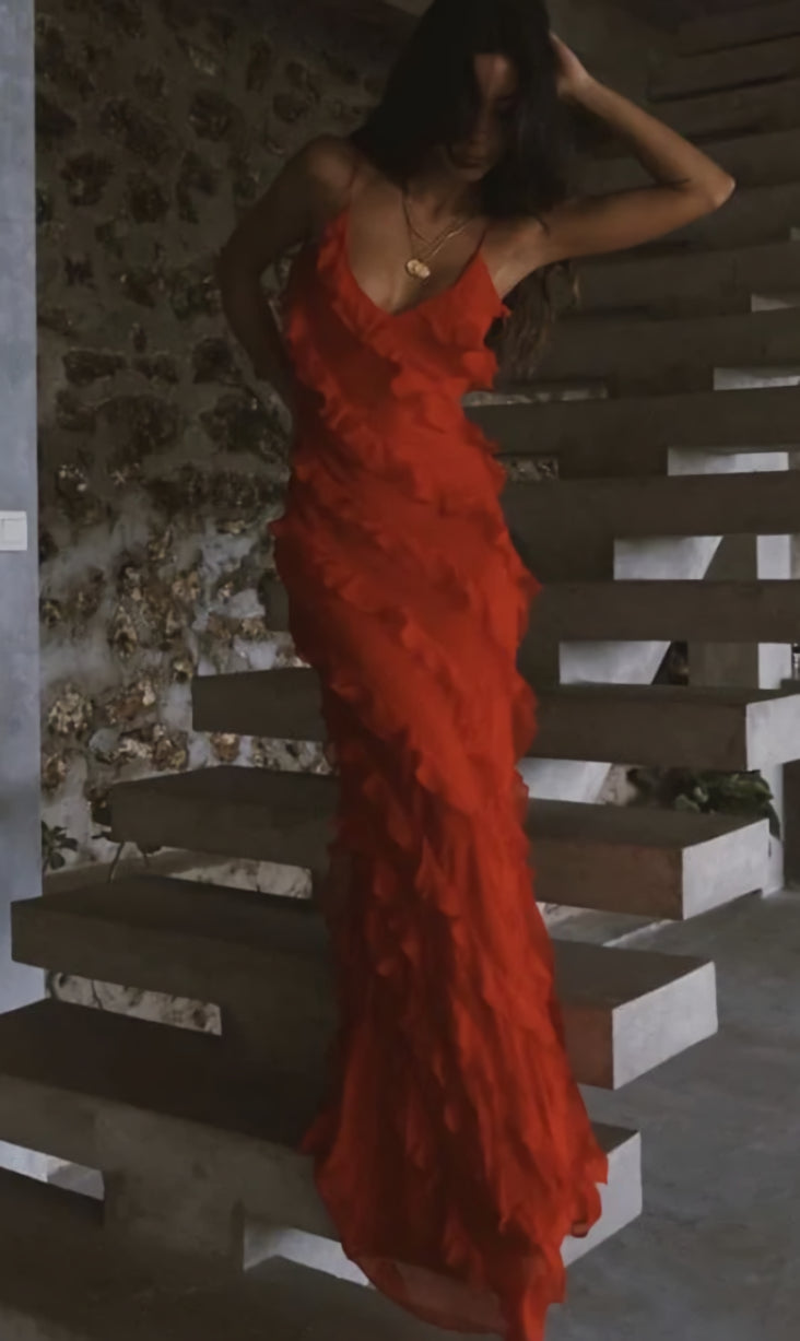 Semi Formal, Red Ruffles Long Formal Dress Elegant Evening Dresses Mermaid