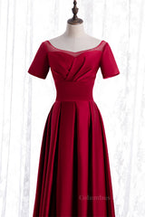 Prom Dresses Dress, Red Satin A-line Pleated Sleeves Tea Length Formal Dress