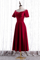 Prom Dresses Corset, Red Satin A-line Pleated Sleeves Tea Length Formal Dress