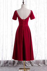 Prom Dress Boho, Red Satin A-line Pleated Sleeves Tea Length Formal Dress