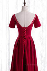 Prom Dress Outfits, Red Satin A-line Pleated Sleeves Tea Length Formal Dress