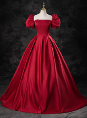 Fairytale Dress, Red Satin A-line Short Sleeves Long Prom Dress, Red Long Formal Dress Evening Dress