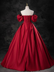 Light Blue Prom Dress, Red Satin A-line Short Sleeves Long Prom Dress, Red Long Formal Dress Evening Dress