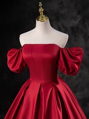 Silk Dress, Red Satin A-line Short Sleeves Long Prom Dress, Red Long Formal Dress Evening Dress