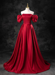 Sweet 23 Dress, Red Satin A-line Short Sleeves Long Prom Dress, Red Long Formal Dress Evening Dress