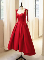 Winter Dress, Red Satin High Low Formal Dress with Bow, Red Prom Dress Party Dress
