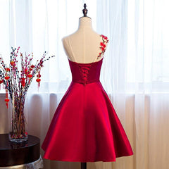 Evening Dress Princess, Red Satin Knee Length Party Dress, Cute Bridesmaid Dress