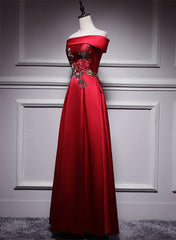Wedding Photo Ideas, Red Satin Long A-line Prom Dress Off Shoulder Party Dress, Red Bridesmaid Dress