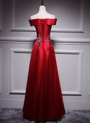 Wedding Inspo, Red Satin Long A-line Prom Dress Off Shoulder Party Dress, Red Bridesmaid Dress