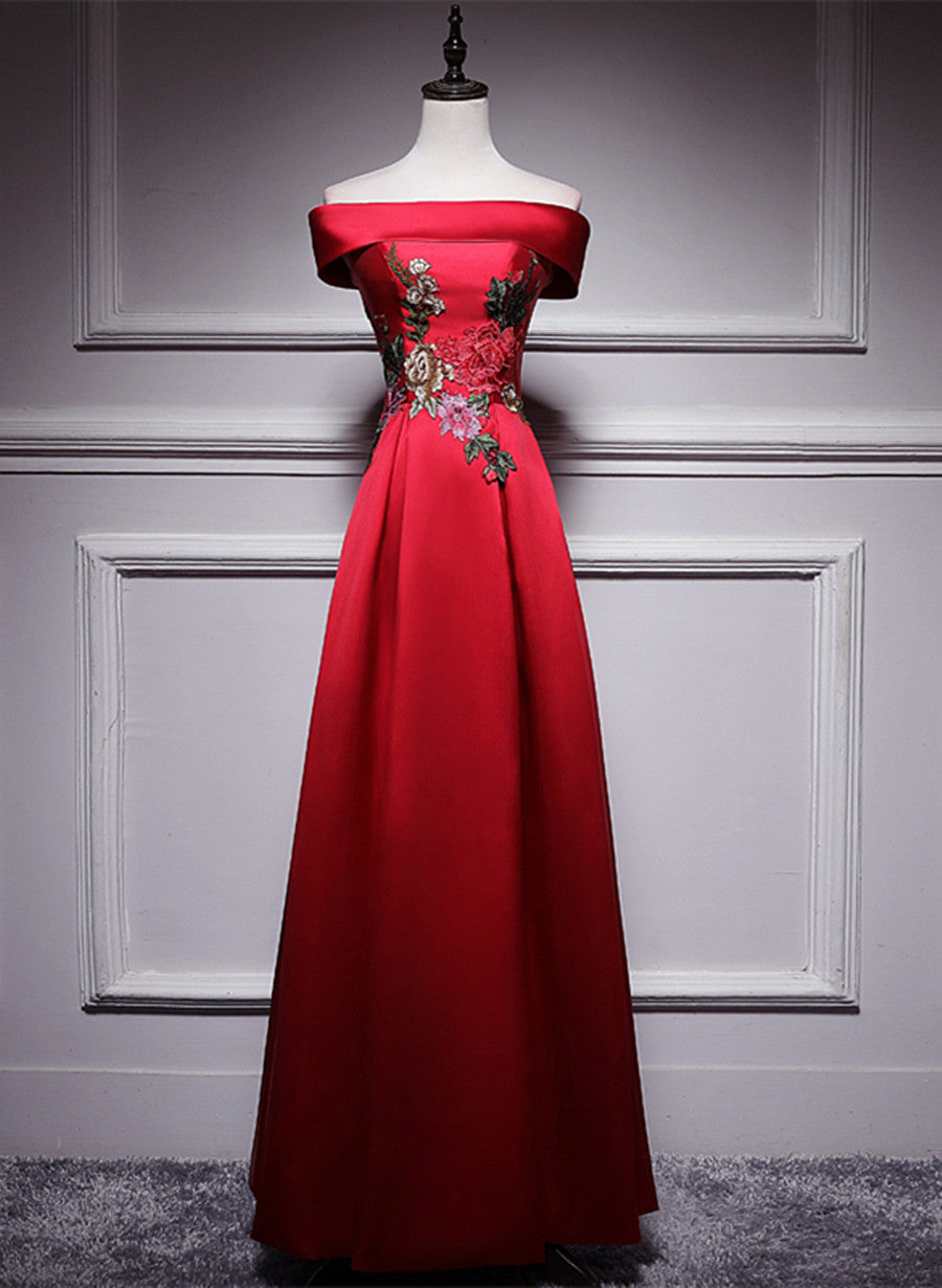 Wedding Photo, Red Satin Long A-line Prom Dress Off Shoulder Party Dress, Red Bridesmaid Dress