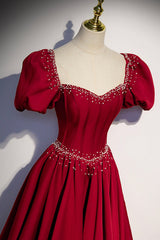 Formal Dress Wear For Ladies, Red Satin Long Prom Dress, Cute Short Sleeve Evening Graduation Dress