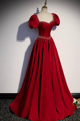 Formal Dresses Long Elegant Classy, Red Satin Long Prom Dress, Cute Short Sleeve Evening Graduation Dress