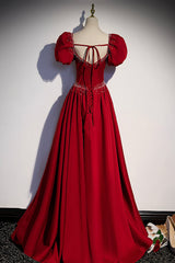 Formal Dresses Long Elegant Evening Gowns, Red Satin Long Prom Dress, Cute Short Sleeve Evening Graduation Dress