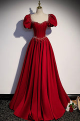 Formal Dress With Sleeves, Red Satin Long Prom Dress, Cute Short Sleeve Evening Graduation Dress