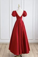 Wedding Color, Red Satin Long Prom Dress, Simple A-Line Short Sleeve Evening Party Dress