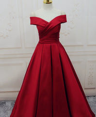 Prom Dress Types, Red Satin Off Shoulder Handmade Long Formal Dress, Handmade Red Formal Gown