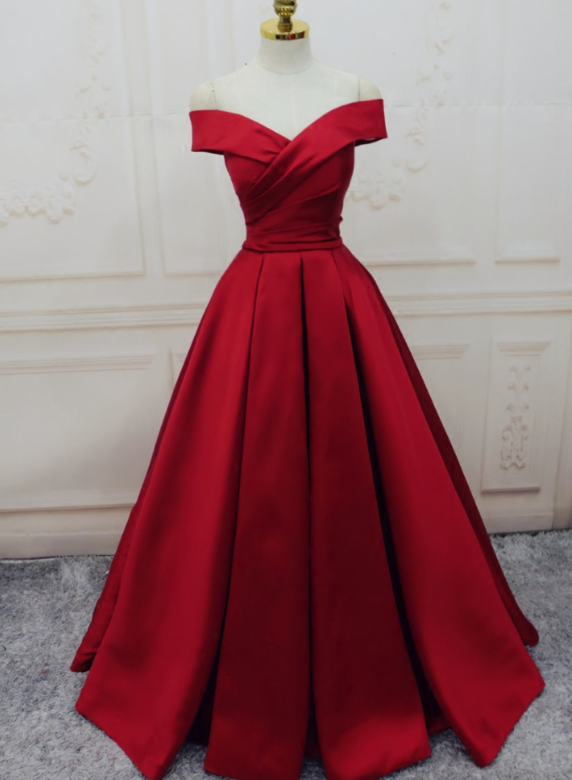 Prom Dress Classy, Red Satin Off Shoulder Handmade Long Formal Dress, Handmade Red Formal Gown