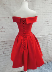 Evening Dress For Wedding Guest, Red Satin Short Party Dress, Red Off Shoulder Homecoming Dress