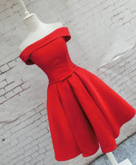 Evening Dresses For Wedding Guest, Red Satin Short Party Dress, Red Off Shoulder Homecoming Dress