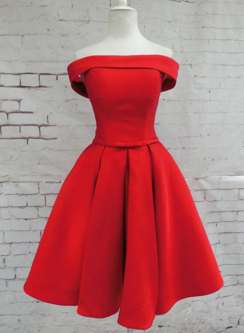 Evening Dresses For Weddings Guest, Red Satin Short Party Dress, Red Off Shoulder Homecoming Dress
