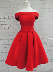 Evening Dresses For Weddings Guest, Red Satin Short Party Dress, Red Off Shoulder Homecoming Dress