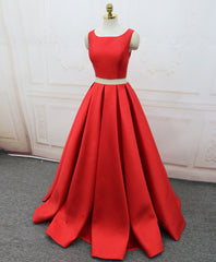 Prom Dresses With Slit, Red Satin Two Pieces Long Prom Dress Red Long Evening Dress