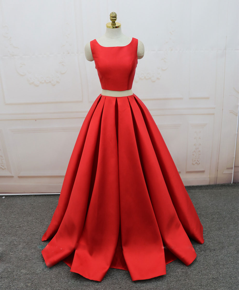 Prom Dress With Slit, Red Satin Two Pieces Long Prom Dress Red Long Evening Dress