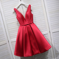Homecoming Dresses Tight, Red Satin V-neckline Knee Length Homecoming Dress, Red Short Prom Dress