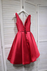 Homecoming Dresses 2023, Red Satin V-neckline Knee Length Homecoming Dress, Red Short Prom Dress
