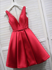 Homecoming Dresses Silk, Red Satin V-neckline Knee Length Homecoming Dress, Red Short Prom Dress