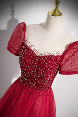 Formal Dress Simple, Red Scoop Neckline Tulle Formal Dress with Beaded, A-Line Short Sleeve Party Dress