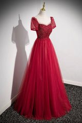 Formal Dresses Ball Gown, Red Scoop Neckline Tulle Formal Dress with Beaded, A-Line Short Sleeve Party Dress