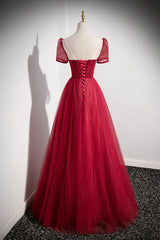 Formal Dresses Outfit, Red Scoop Neckline Tulle Formal Dress with Beaded, A-Line Short Sleeve Party Dress