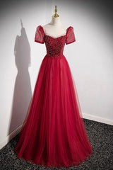 Formal Dresses Simple, Red Scoop Neckline Tulle Formal Dress with Beaded, A-Line Short Sleeve Party Dress