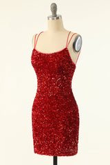 Party Dresses Maxi, Red Sequin Bodycon Mini Party Dress with Double Straps