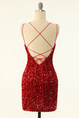 Party Dress Casual, Red Sequin Bodycon Mini Party Dress with Double Straps