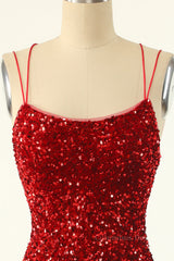 Party Dress Styling Ideas, Red Sequin Bodycon Mini Party Dress with Double Straps