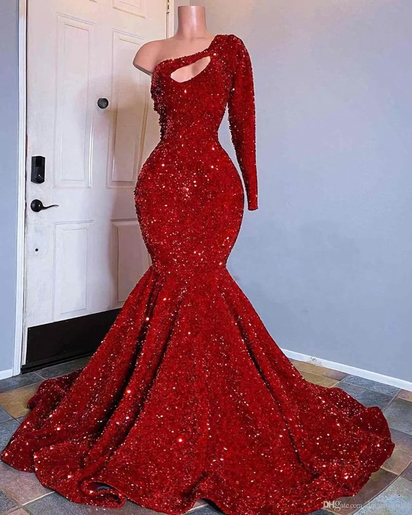 Party Dress For Wedding, Red Sequined Black Girls Mermaid Prom Dresses 2024 Plus Size One Shoulder Long Sleeve Sequined Keyhole Prom Gowns