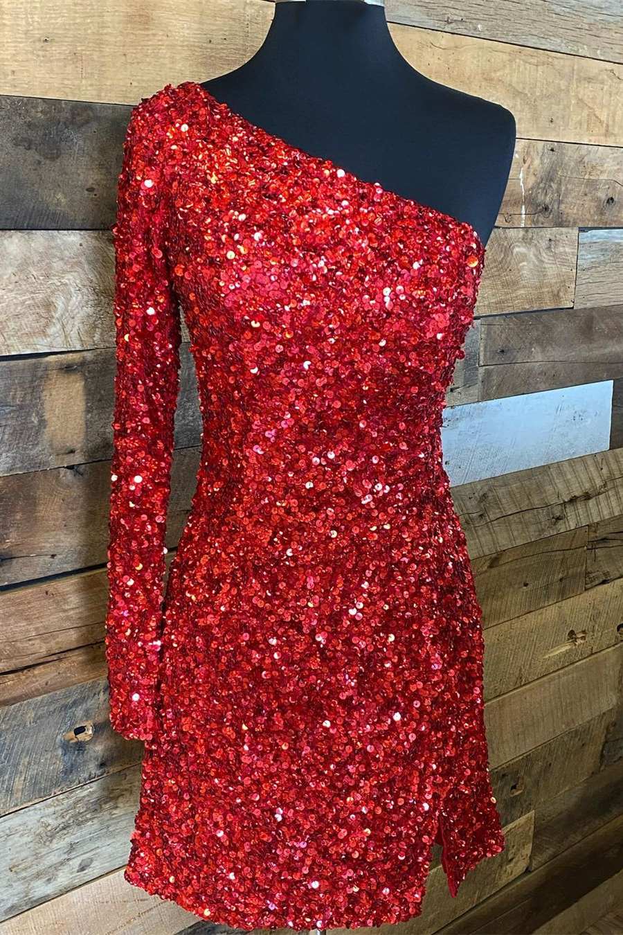 Homecoming Dresses For Kids, Red Sequins One-shoulder Long Sleeve Party Dress,Graduation Dresses
