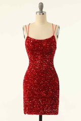 Formal Dress Fashion, Red Sheath Double Straps Lace-Up Back Sequins Mini Homecoming Dress